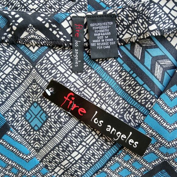 Fire Los Angeles Blue Button-up Maxi Dress M deep slits black mosaic waist tie - Picture 8 of 14